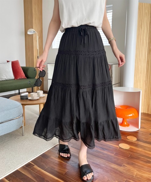 ANDI BAGUS☆Ava Maxi Skirt レース シースルー マキシスカート スカート はしごレースボリュームスカート : ZOZOTOWN Yahoo!店