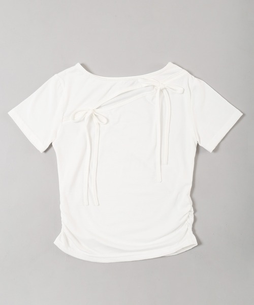 AD2022 23SS リボン装飾Tシャツ 白 tシャツ 「PHILLY」カットアウトWリボンTシャツ レディース