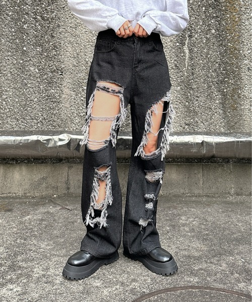 デニムパンツ ワイド ダメージ ストリート系 Amazon | [MMTYRM] クラッシュ デニムパンツ レディース