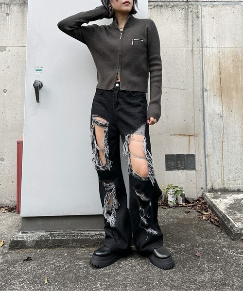 全2色 デニムパンツ ワイドパンツ ダメージ加工 ユニセックス ARCADE ジーンズ レイヤード ルーズ ダメージ クラッシュ デニム
