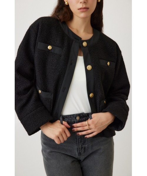 カネコイサオ　ノーカラー黒ツイードジャケット ジャケット ノーカラージャケット ノーカラーゴールドボタンショート丈