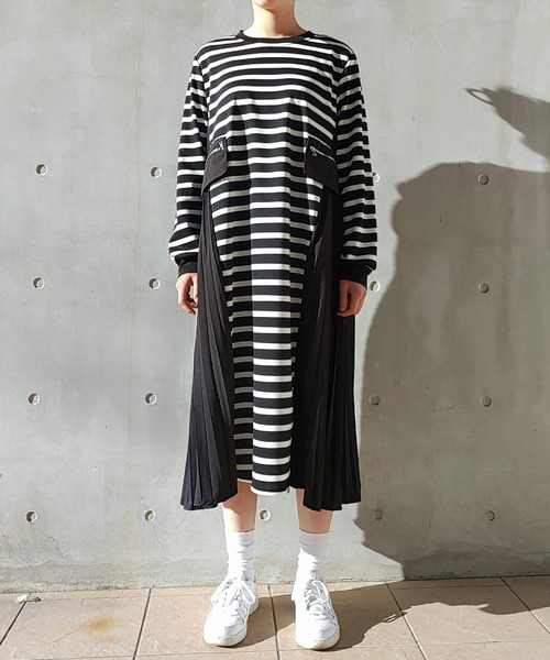 Q ワンピース プリーツドッキングボーダーワンピース : ZOZOTOWN Yahoo