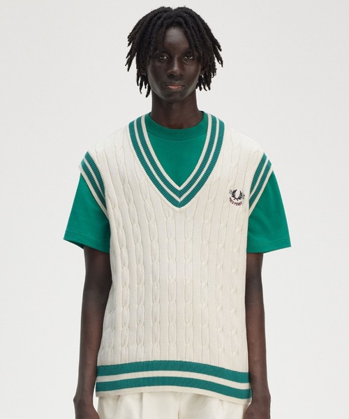FRED PERRY ケーブルニット Vネック ベスト FRED PERRY ベスト ジレ Cable Knit Tennis Vest／テニス