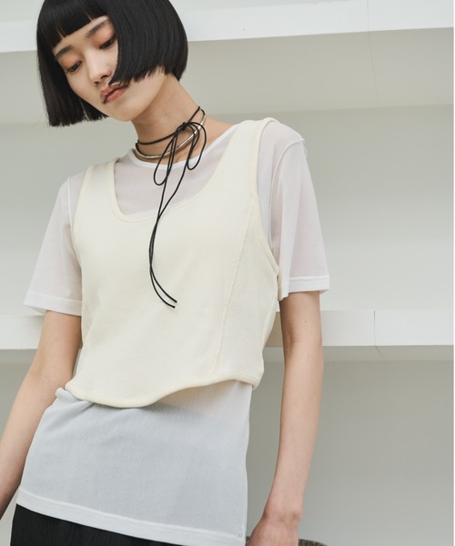 tシャツ レースアップビスチェ切り替えシアーTシャツ レディース AIC. tシャツ バックオープンリブビスチェ/シアーTシャツ