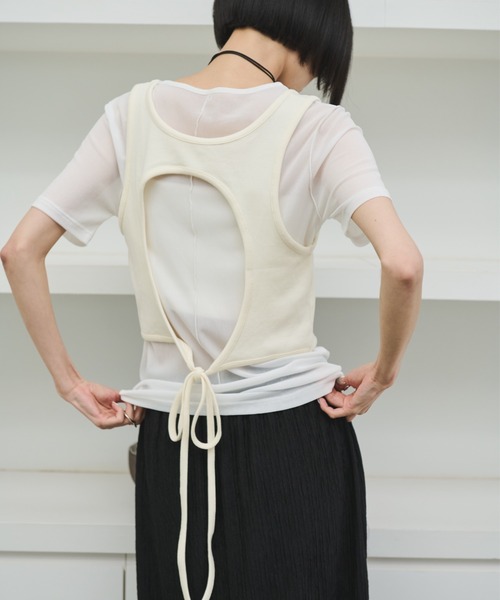 tシャツ レースアップビスチェ切り替えシアーTシャツ レディース AIC. tシャツ バックオープンリブビスチェ/シアーTシャツ