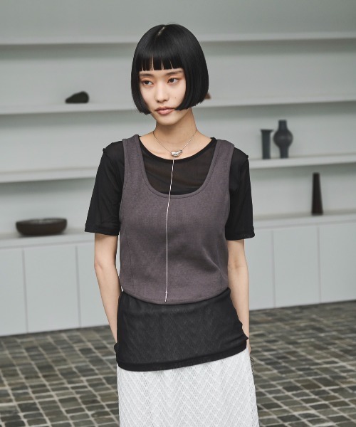 tシャツ レースアップビスチェ切り替えシアーTシャツ レディース AIC. tシャツ バックオープンリブビスチェ/シアーTシャツ