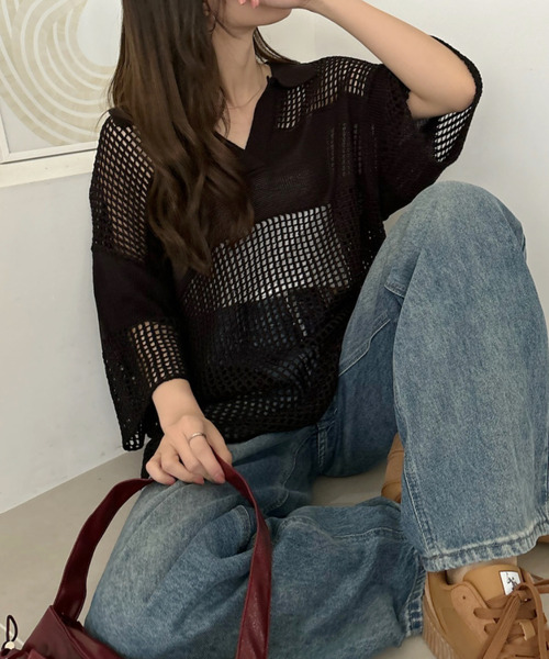 ポロシャツ ポロ 「Good Riddance」かぎ針編み風 メッシュニット