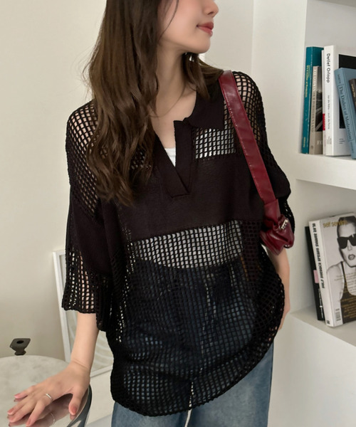 ポロシャツ ポロ 「Good Riddance」かぎ針編み風 メッシュニット スキッパートップス レディース ポロシャツ ポロ 「Good Riddance」かぎ針編み風 メッシュニット