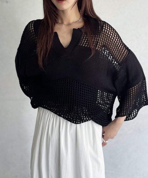 ポロシャツ ポロ 「Good Riddance」かぎ針編み風 メッシュニット スキッパートップス レディース ポロシャツ ポロ 「Good Riddance」かぎ針編み風 メッシュニット