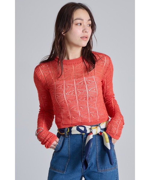 tシャツ リネンタッチ透かし編みクロップドプルオーバー レディース