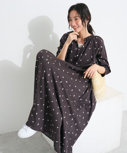 リフレクトフェザープリントワンピース　2way ネイビー CRAFT STANDARD BOUTIQUE ワンピース 2WAY綿ボイルギャザー