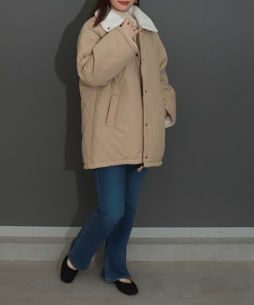 美品 ベイジ BEIGE, キルティングジャケット リバーシブル モカ libelle more（リベル モア） ブルゾン アウター 中綿キルト×ボア