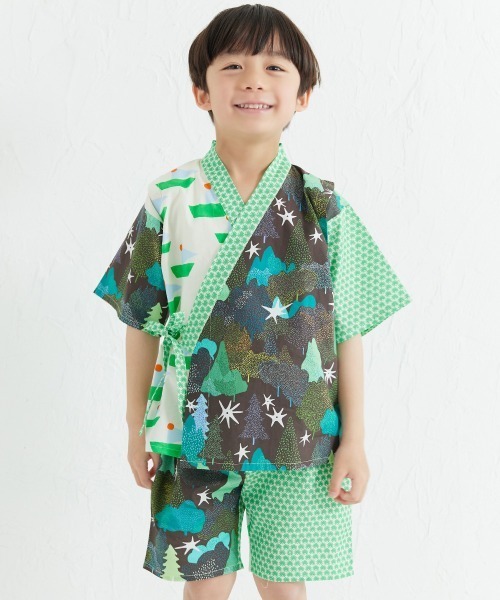 浴衣 「MOEMUSISAN X moimoln」MIX柄BOYキッズ甚平上下セット キッズ 子供 男の子 女の子の画像