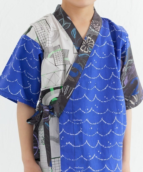 浴衣 「MOEMUSISAN X moimoln」MIX柄BOYキッズ甚平上下セット キッズ 子供 男の子 女の子の画像