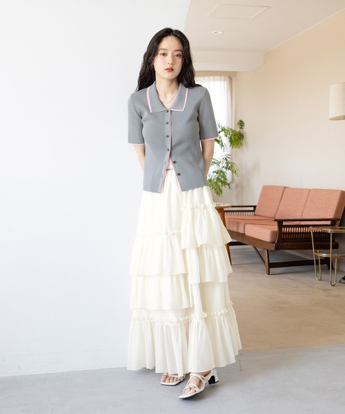 sheglit シフォンフリルスカート ネイビーブルー シフォンフリル