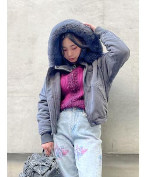 ブルゾン アウター Fur hood denim bomber jacket / ファーフードデニムボンバージャケット レディース