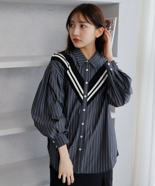 ブラウス シャツ リブライン切り替えシャツ レディース LADYMADE ブラウス シャツ リブライン切り替えシャツ レディース