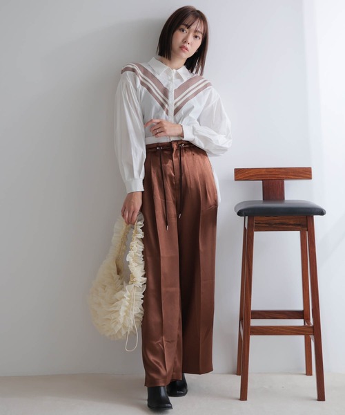 ブラウス シャツ リブライン切り替えシャツ レディース LADYMADE ブラウス シャツ リブライン切り替えシャツ レディース