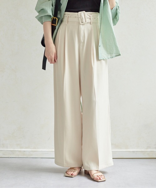 Thevon スラックス パンツ ベルト付きハイウエストタックパンツ