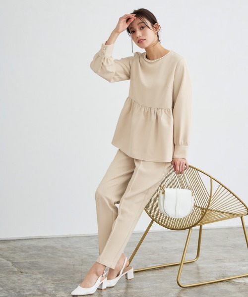 ❁ZU_NA210❁ 新品　ペプラムブラウスセットアップ　M ライトグレー ❁ZU_NA210❁ 新品 ペプラムブラウスセットアップ M ライト