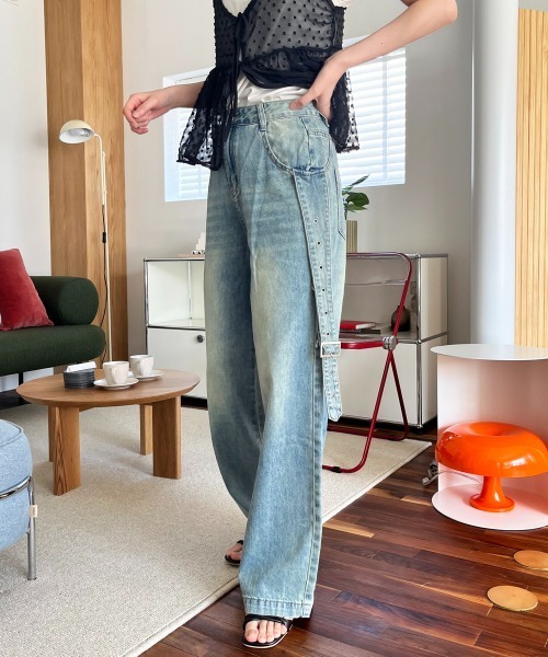  originals レディース ジーンズ ルーズ デニム パンツ ワイドパンツ ジーンズ デニム デニムパンツ サイドベルト付き