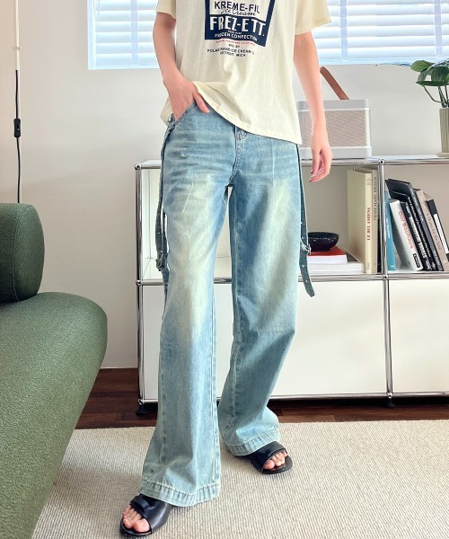 ワイドパンツ ジーンズ デニム デニムパンツ サイドベルト付き