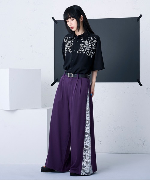 Ellno Loset シャツ チェストフラワー刺繍シャツ メンズ