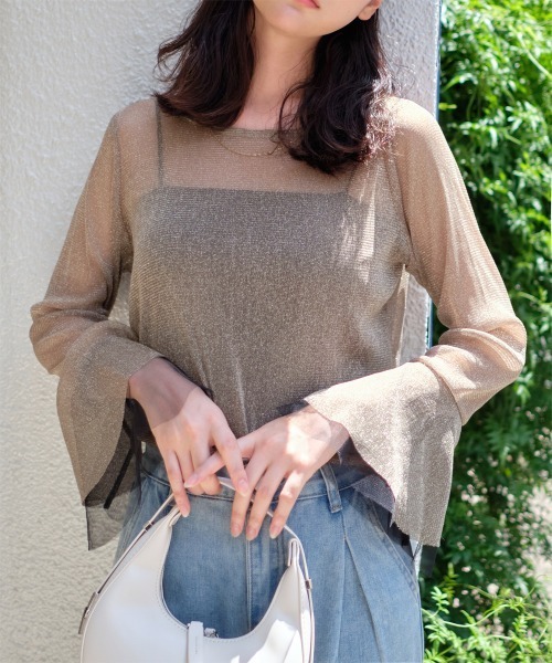 tシャツ Tシャツ ベルスリーブラメシアートップス レディース