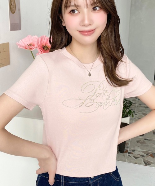moment+ tシャツ ラインストーンロゴ半袖チビTシャツ レディース