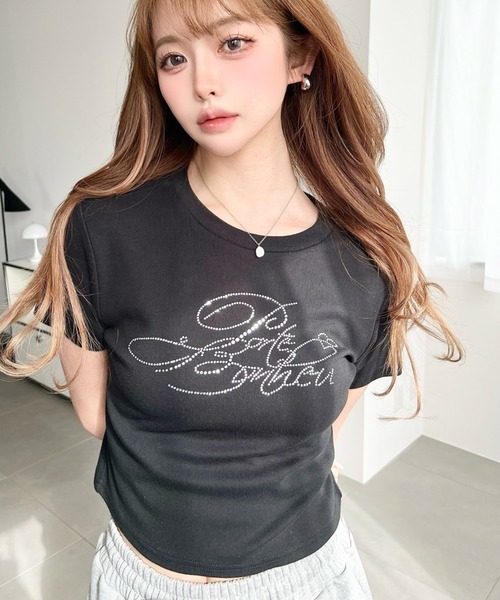 moment+ tシャツ ラインストーンロゴ半袖チビTシャツ レディース
