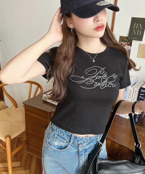 momentel tシャツ ロンt ピンク　プリント　チビt ラメ　ストーン momentel tシャツ ロンt ピンク プリント チビt ラメ ストーン