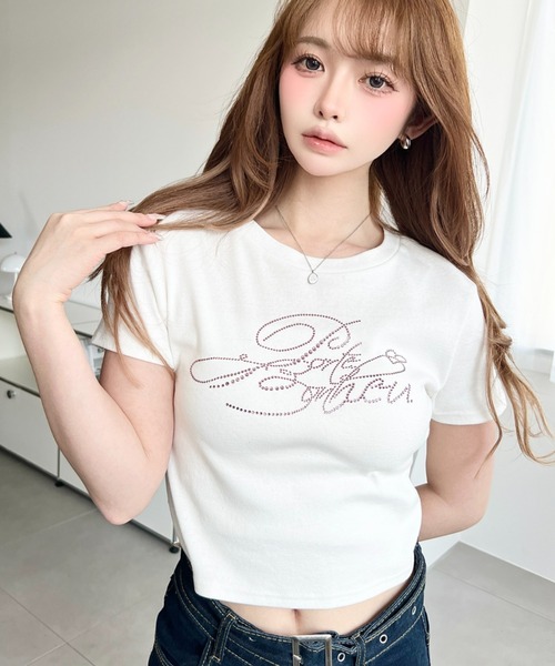 moment+ tシャツ 半袖 ラインストーンロゴ半袖チビTシャツ レディース