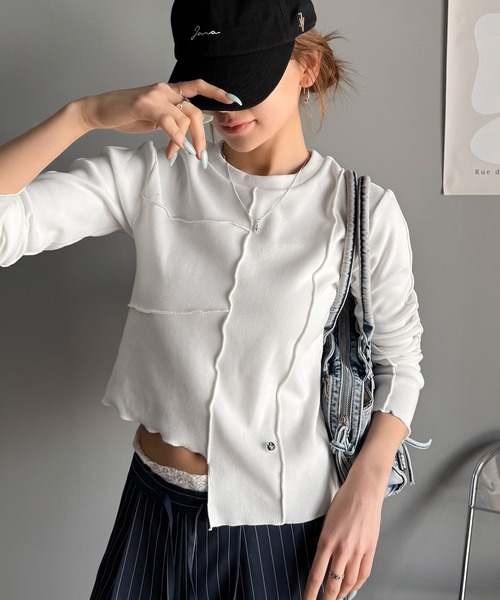 tシャツ 「mily bilet」さりげない華やかさを演出。アシメ切り替えクロップドテレコロンT（長袖） レディース | mily bilet | 05