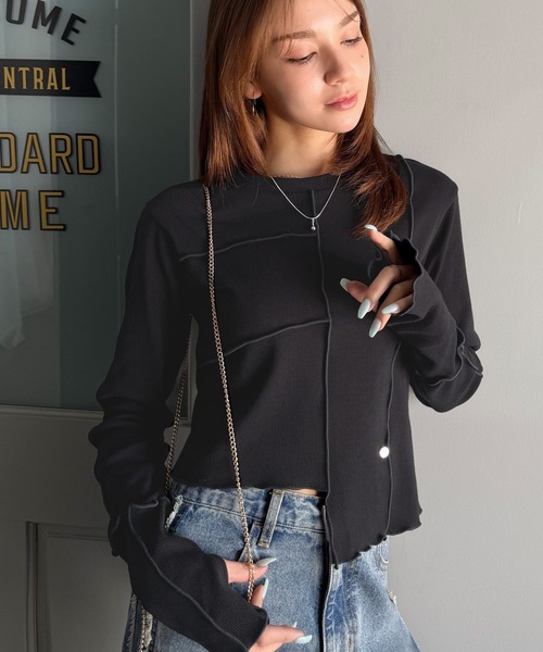 tシャツ 「mily bilet」さりげない華やかさを演出。アシメ切り替えクロップドテレコロンT（長袖） レディース | mily bilet | 20