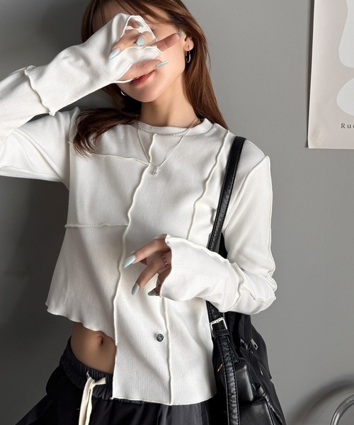 tシャツ 「mily bilet」さりげない華やかさを演出。アシメ切り替えクロップドテレコロンT（長袖） レディース | mily bilet | 06