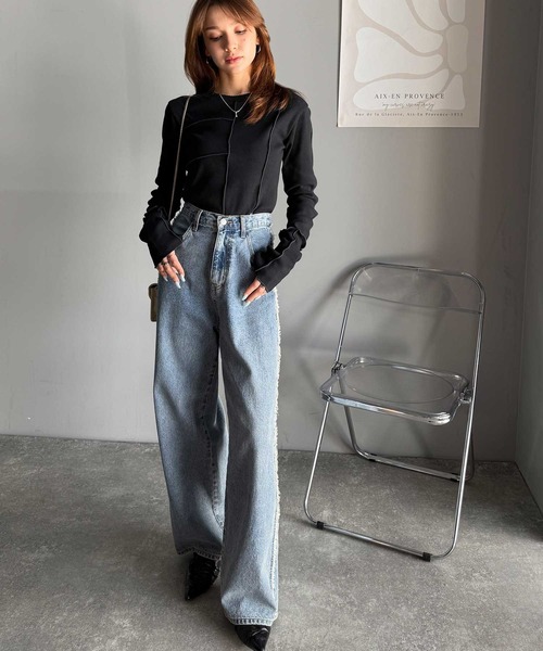 tシャツ 「mily bilet」さりげない華やかさを演出。アシメ切り替えクロップドテレコロンT（長袖） レディース | mily bilet | 19