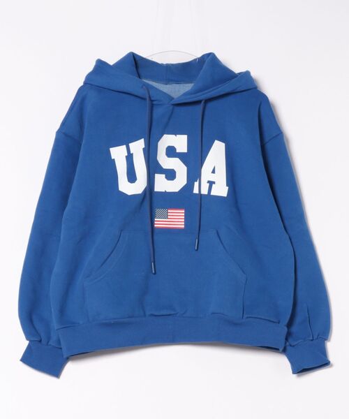 パーカー 「KOREAN SELECT」USA 星条旗 ロゴプリント 裏起毛 スウェット プルオーバー パーカー レディース Revo. パーカー 「KOREAN SELECT」USA 星条旗 ロゴプリント 裏
