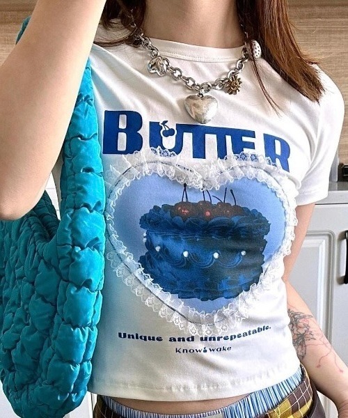 AsRiRe tシャツ ハートケーキプリント×レース 半袖Tシャツ レディース