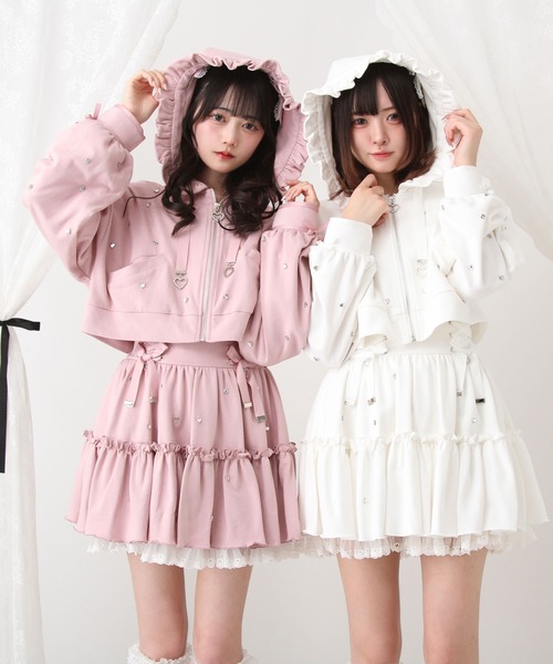 パーカー ハートドットビジューフリルショートパーカー レディース DearMyLove パーカー ハートドットビジューフリルショート