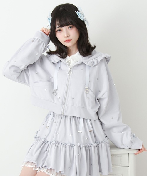 DearMyLove パーカー ハートドットビジューフリルショートパーカー