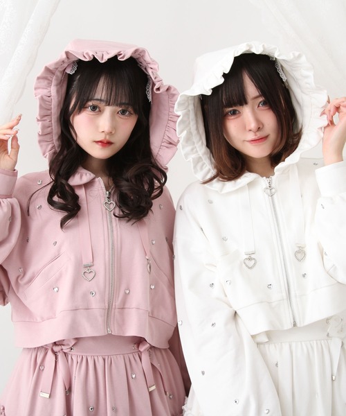 パーカー ハートドットビジューフリルショートパーカー レディース DearMyLove パーカー ハートドットビジューフリルショート