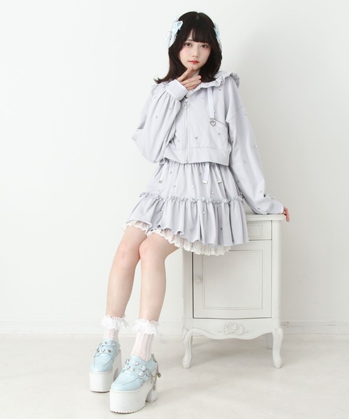 DearMyLove パーカー ハートドットビジューフリルショートパーカー