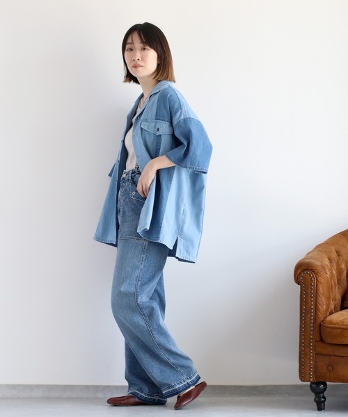 エッジオブライン　パッチワークデニムシャツ　レディース ad8d02af3d2f8316ffb2b965d94dd1