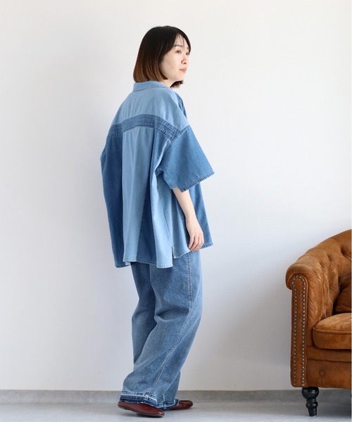 45rpm 藍色パッチワーク 五分袖ブラウス cepo（セポ） ブラウス シャツ デニムミックスパッチワークシャツ