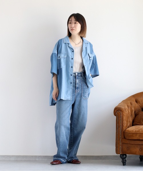 ブラウス シャツ デニムミックスパッチワークシャツ レディース cepo ブラウス シャツ デニムミックスパッチワークシャツ