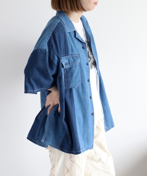 ブラウス シャツ デニムミックスパッチワークシャツ レディース cepo ブラウス シャツ デニムミックスパッチワークシャツ