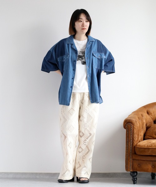 ブラウス シャツ デニムミックスパッチワークシャツ レディース cepo ブラウス シャツ デニムミックスパッチワークシャツ