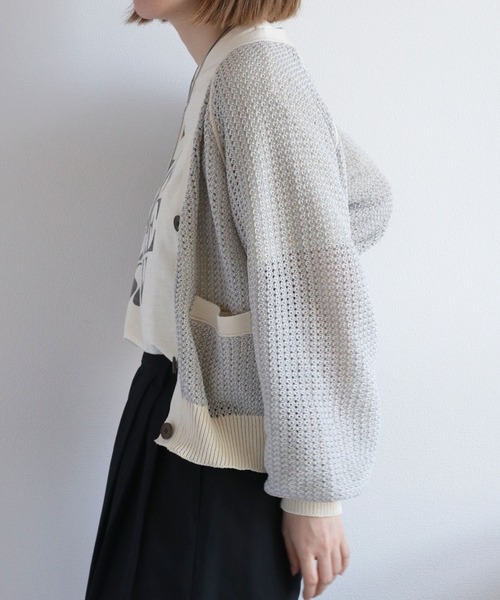 cepo（セポ） カーディガン 透かし編みミックスカラーVネック