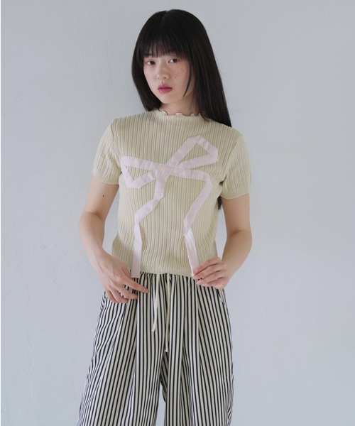 tシャツ ビッグ リボン ショート リブ トップス レディース