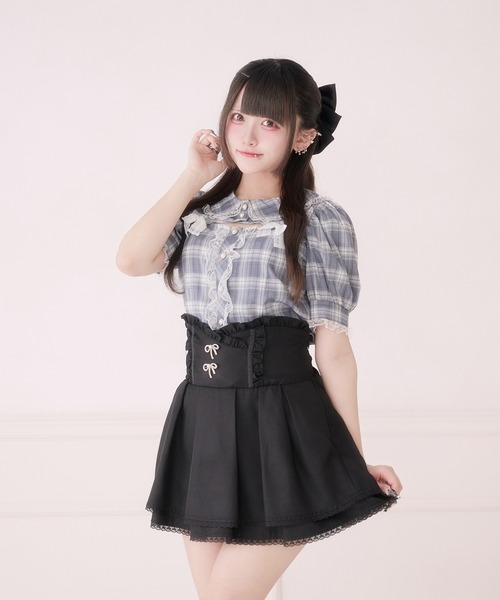 シャツ+ブラウス(長袖+七分) Patchwork Lace Ribbon Top Pal elfy ブラウス シャツ 胸開きレースリボンブラウス レディース